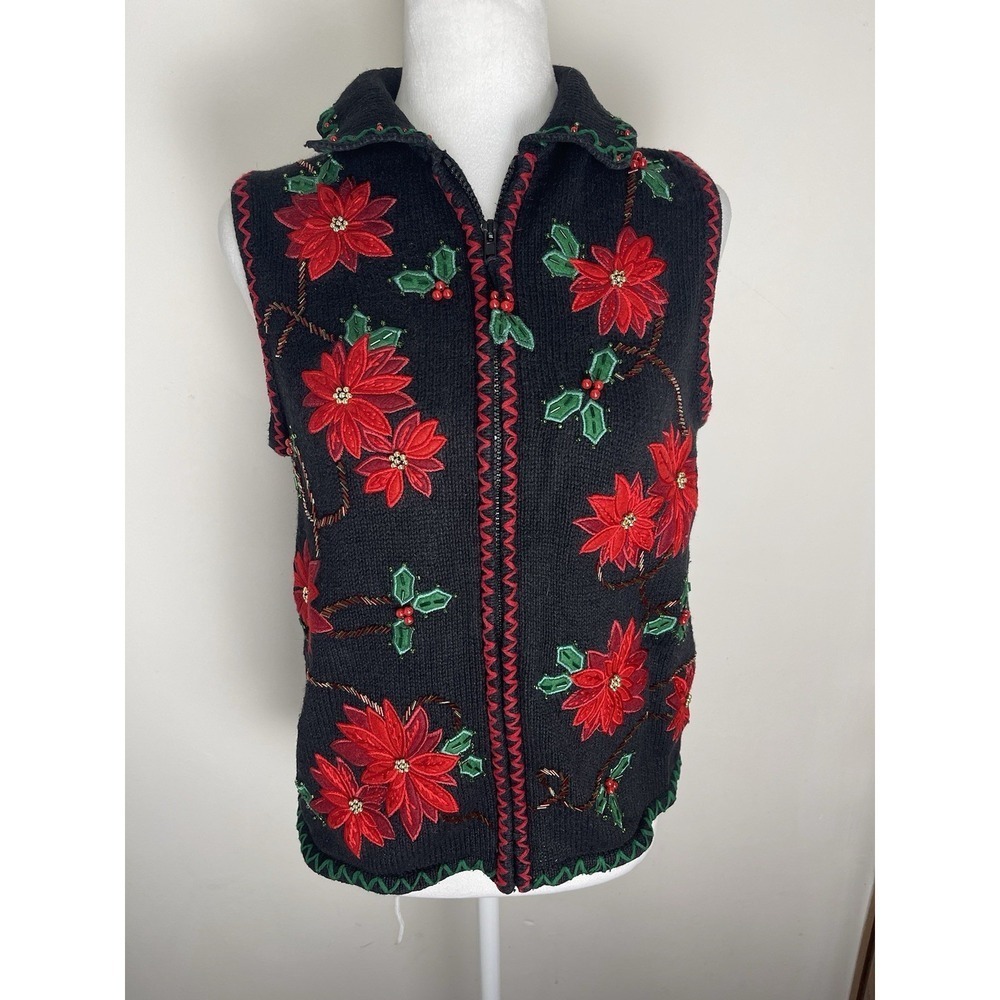 Vintage White Stag Womens Ugly Christmas Poinsettia Sweater Vest Size Small 4/6
